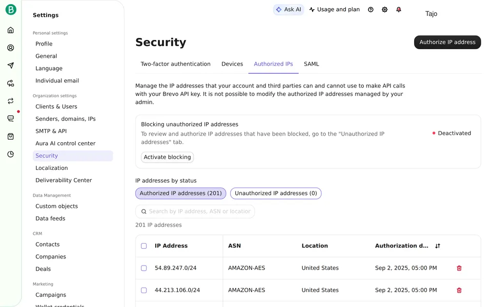 Security Authorised Ips Brevo interface screenshot