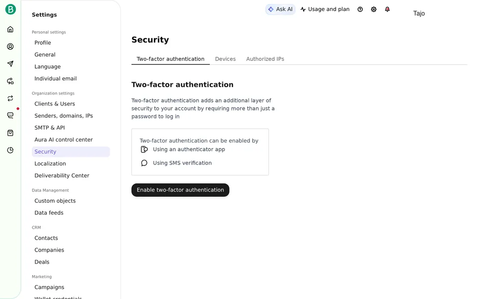 Security Two Factor Authentication Brevo interface screenshot