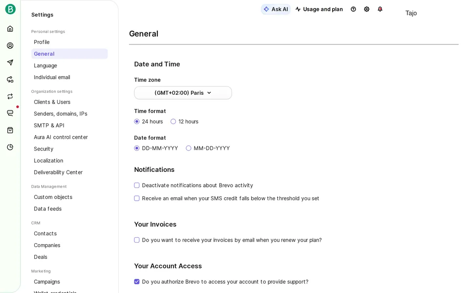 Settings Account Brevo interface screenshot