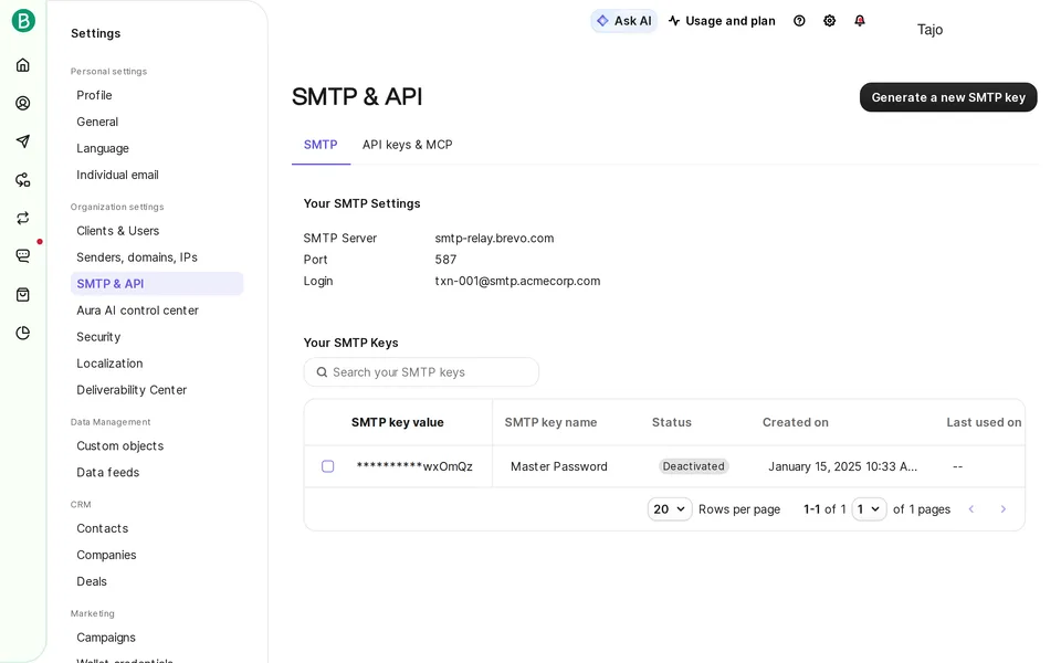 Settings Api Keys Brevo interface screenshot