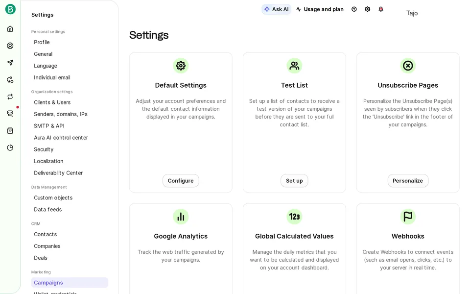 Settings Campaigns Brevo interface screenshot
