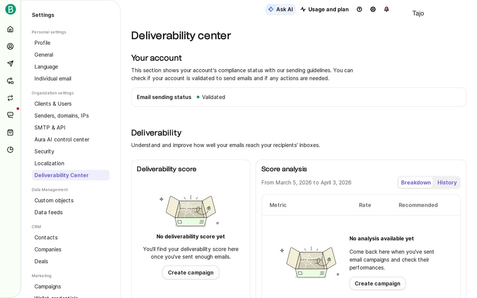 Settings Compliance Brevo interface screenshot