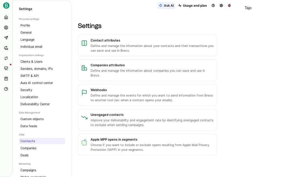 Settings Contacts Brevo interface screenshot