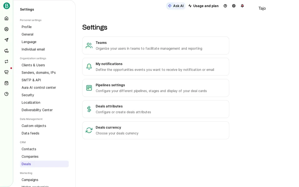 Settings Crm Brevo interface screenshot
