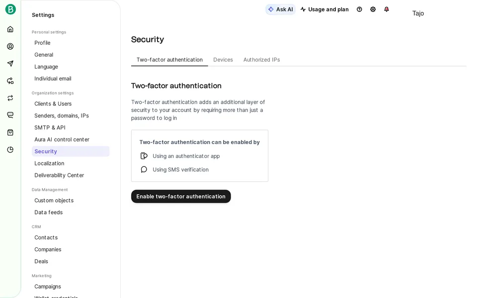 Settings Security 2fa Brevo interface screenshot