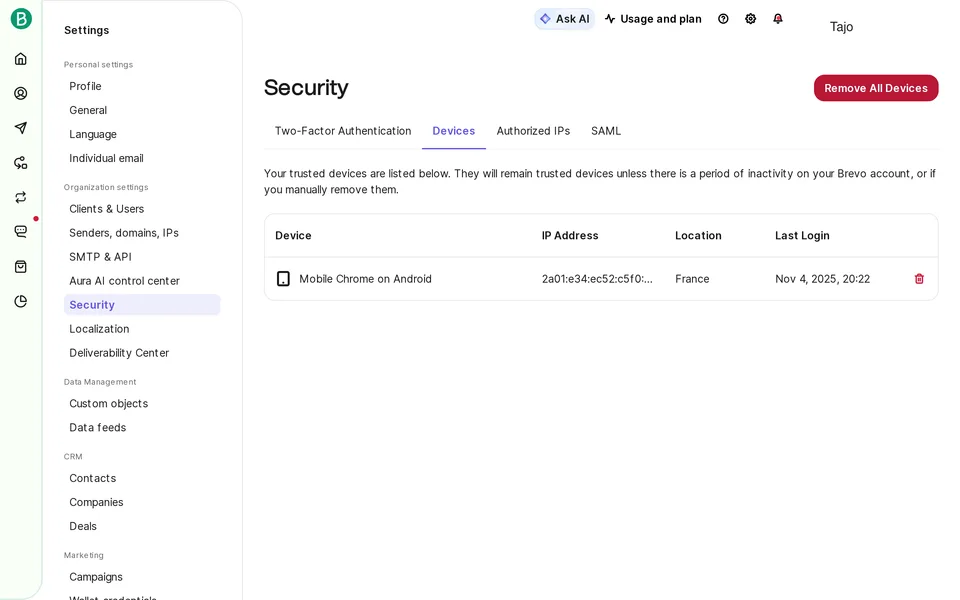 Settings Security Devices Brevo interface screenshot