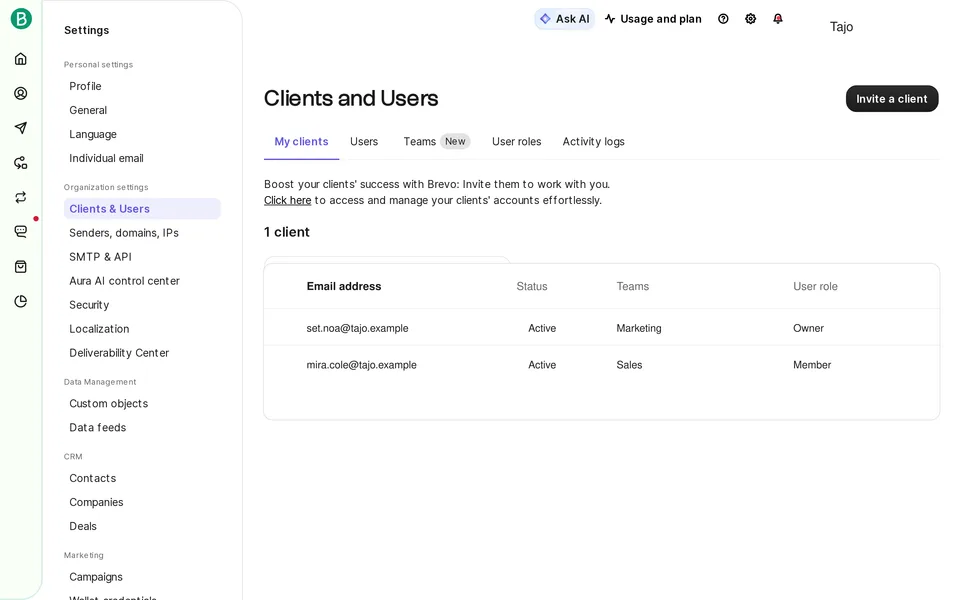 Settings User Api Clients Brevo interface screenshot