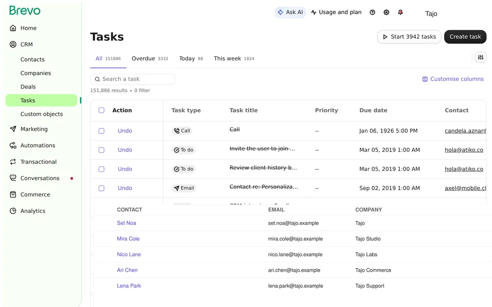 Tasks Brevo interface screenshot