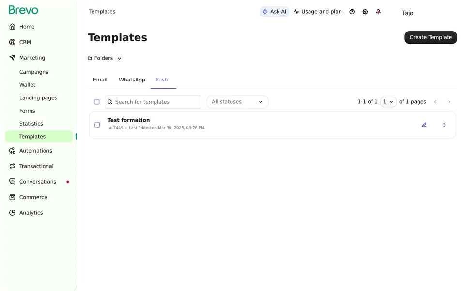 Templates Listing Brevo interface screenshot