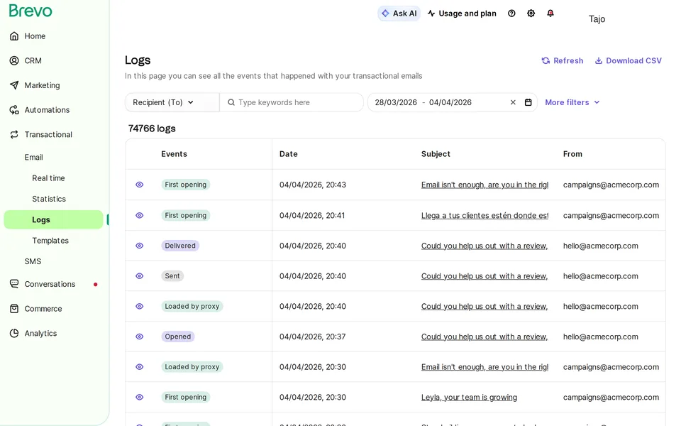 Transactional Email Logs Brevo interface screenshot