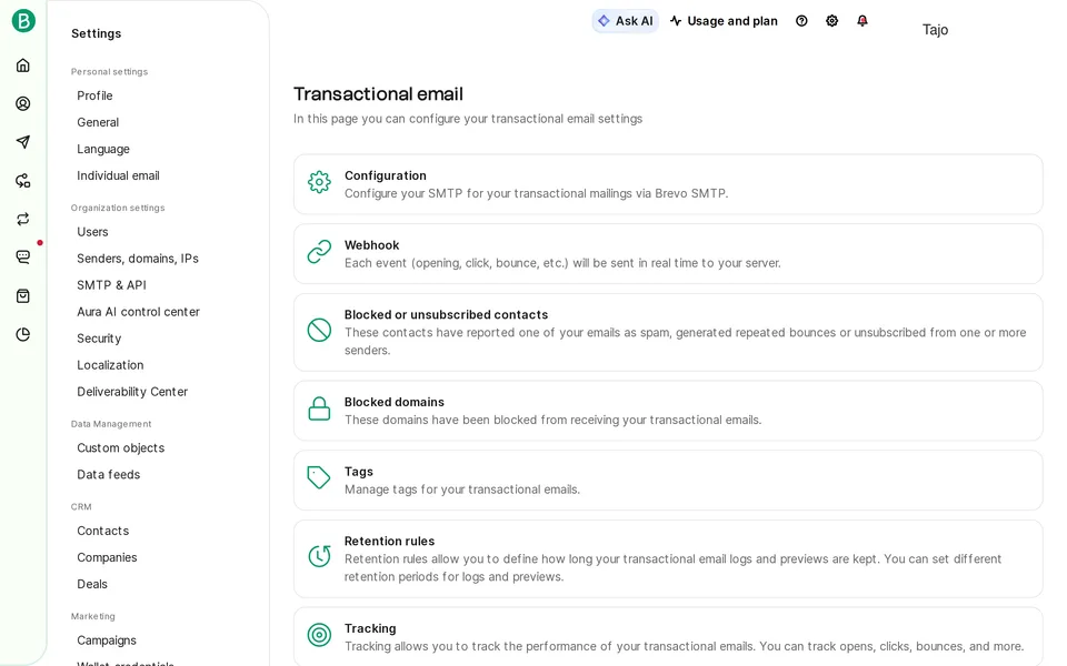 Transactional Email Settings Brevo interface screenshot