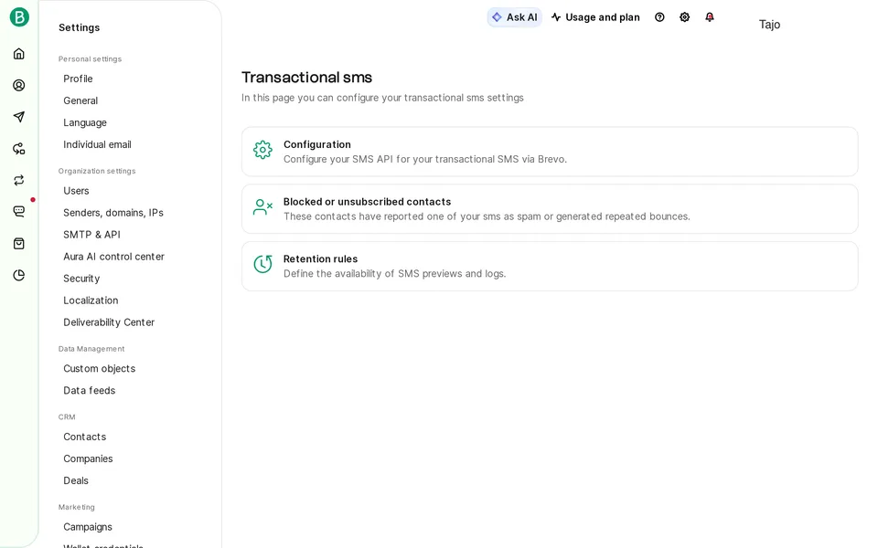 Transactional Sms Settings Brevo interface screenshot