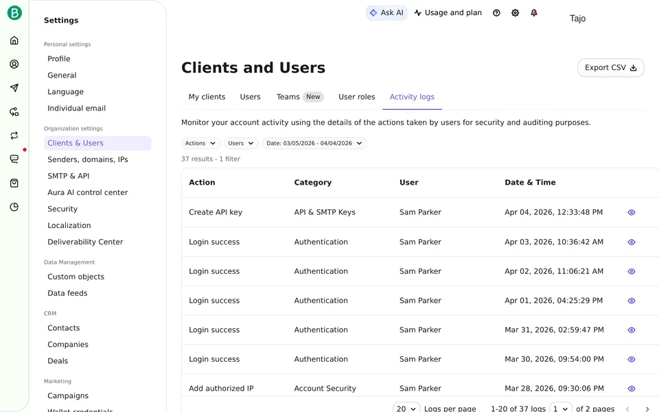 User Activity Logs Brevo interface screenshot