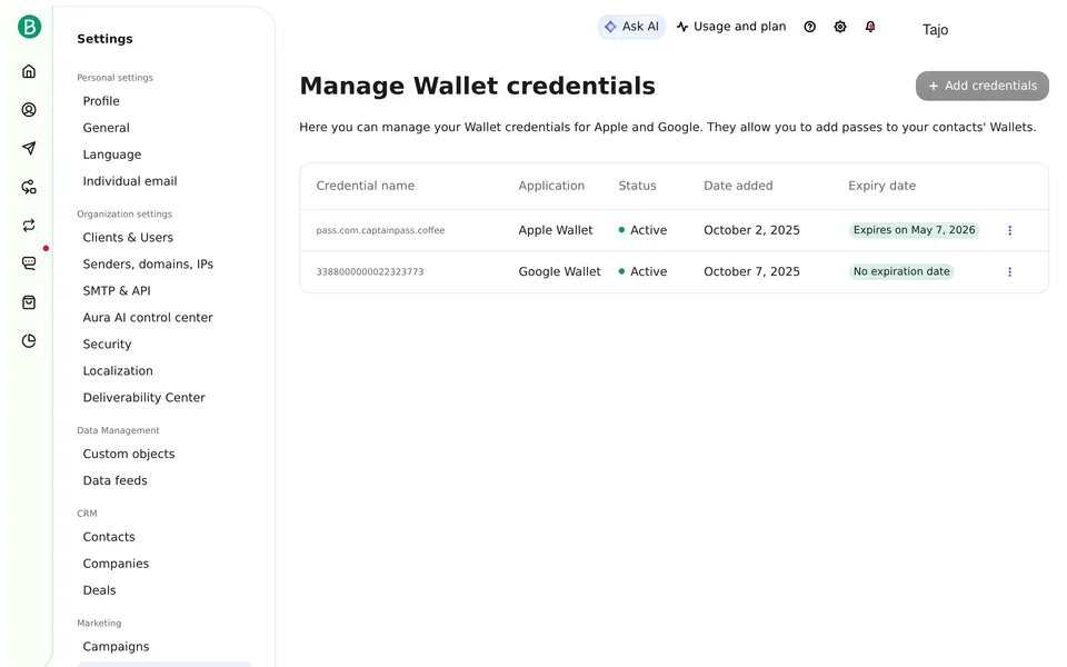 Wallet Settings Brevo interface screenshot