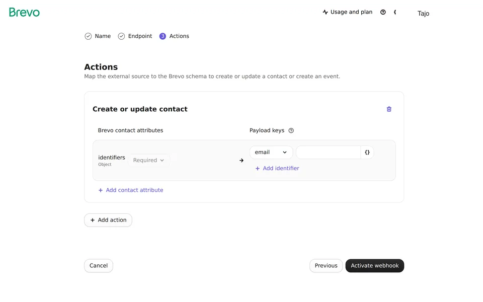 Webhooks Inbound Create Brevo interface screenshot